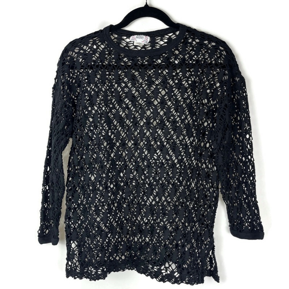 Women’s Open Weave Black Long Sleeve Crocheted Top/Cover-Up Small Goth Emo Sheer
